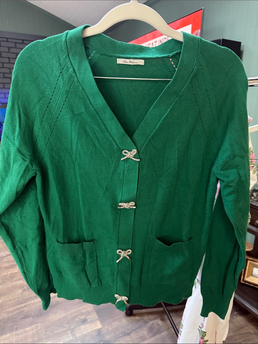 Milano Emerald Green V-Neck Cardigan with Bow Clasps